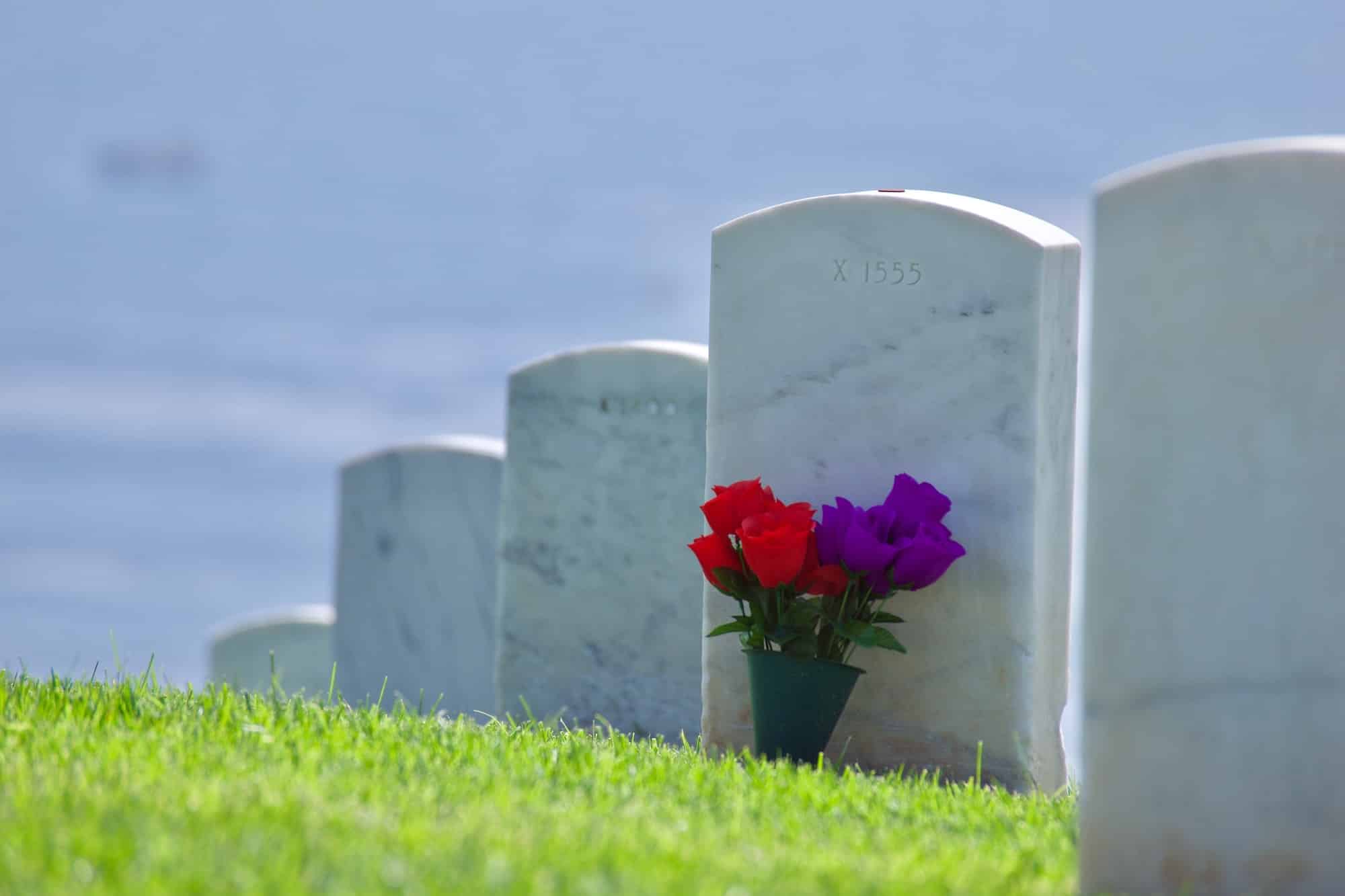 Flowers on a green hillside at a cemetery overlooking the ocean